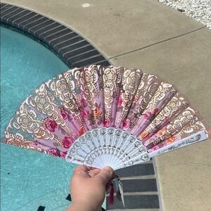 Elegant Pink Floral Hand Fan with Gold Accents